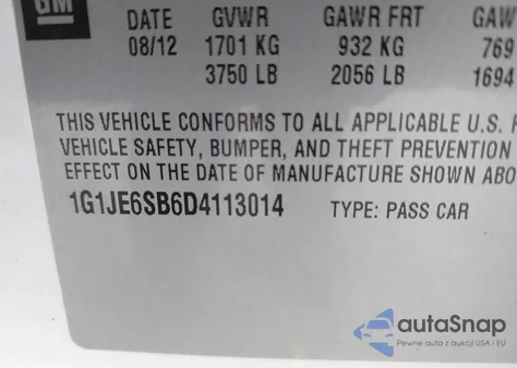 2013 Chevrolet Sonic Ltz Auto from USA, damaged, VIN 1G1JE6SB6D4113014